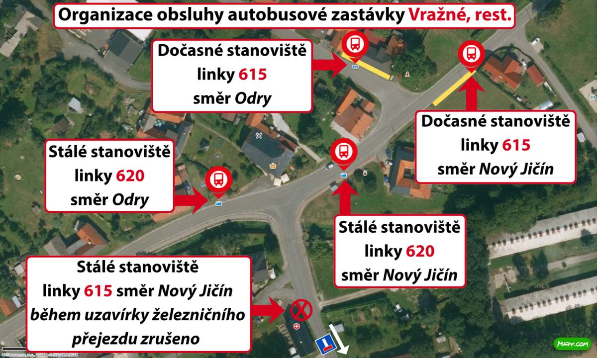 Zastávka Vražné,,rest. bude pro linku 615 přesunuta na křižovatku silnic  III/04735 a III/04732  (pro linku 620 zůstane na svých standartních místech)