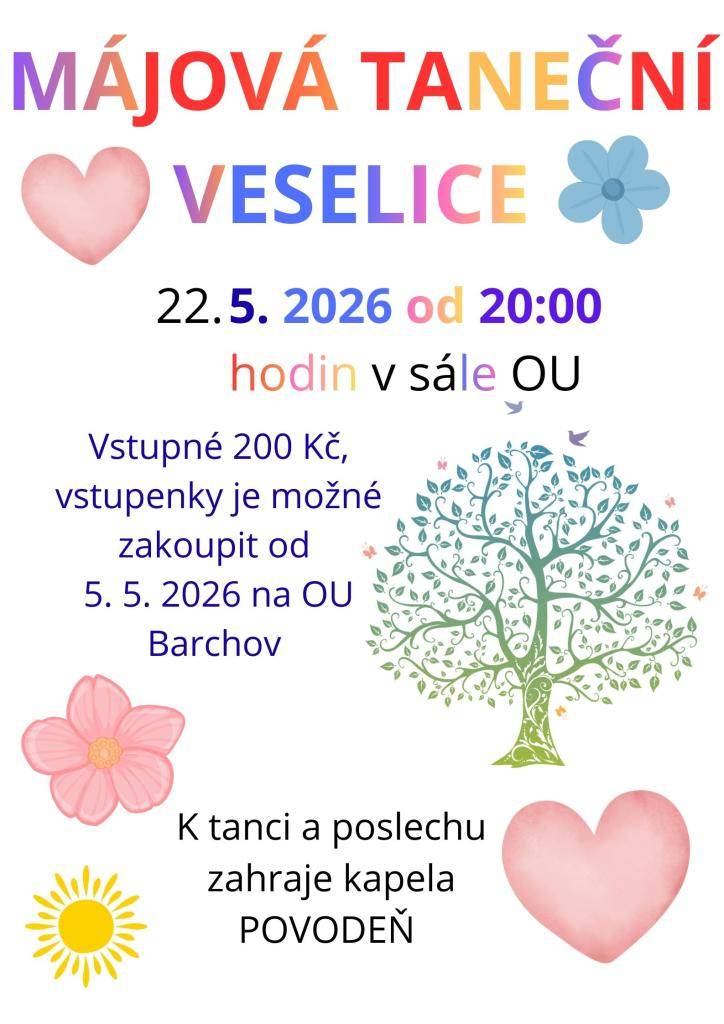 Srdečně vás zveme na MÁJOVOU TANEČNÍ VESELICI, která se uskuteční v pátek 22. 5. 2026 od 20:00 hod. v sále OU. K tanci a poslechu zahraje kapela POVODEŇ. Předprodej vstupenek na OU od 5. 5. 2026 v době úředních hodin.