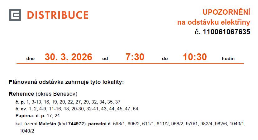 Vážení občané, dne 30. 3. 2026 od 7:30 do 10:30 bude v obci Řehenice přerušena dodávka elektrické energie.