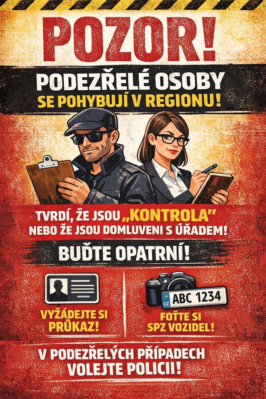 V oblasti se mohou pohybovat lidé, kteří se vydávají za „kontrolu“ nebo tvrdí, že jsou domluveni s úřadem. Buďte obezřetní a nenechte se zmást. 🔎 Jak se chránit:   Vždy si vyžádejte průkaz totožnosti.   Zapište si nebo vyfoťte SPZ vozidla, kterým přijeli.   Pokud máte pochybnosti, neváhejte kontaktovat policii.   Sdílejte tuto informaci dál, ať jsou ostatní také v bezpečí. 🚨