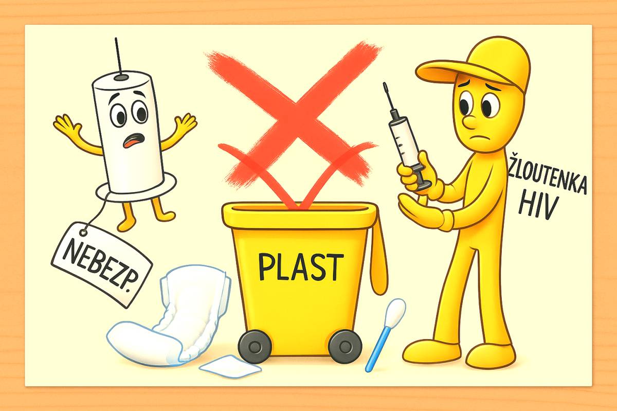 Injekční jehly - zdravotní odpad, přebírají např. lékárny či nemocnice  Použité pleny, zakrvavený odpad - patří do směsného odpadu    TENTO ODPAD NEPATŘÍ DO NÁDOB NA PLASTY !!!!!!!!!