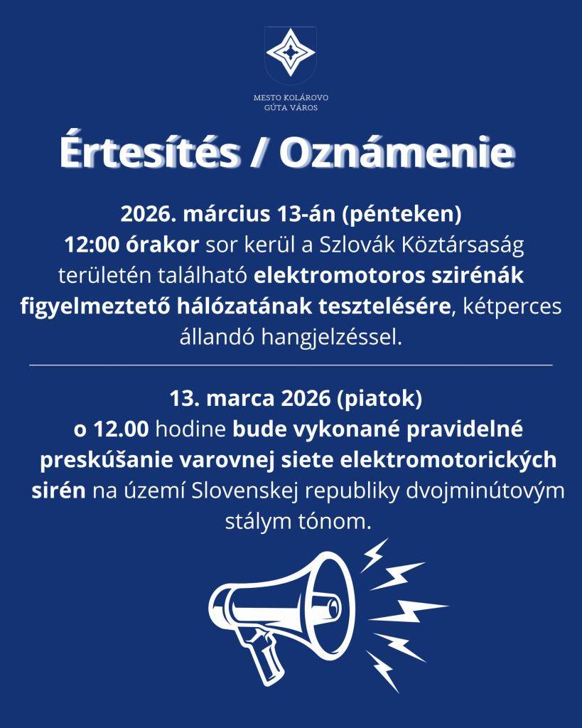 13. marca 2026 (piatok) o 12.00 hodine bude vykonané pravidelné preskúšanie varovnej siete elektromotorických sirén na území Slovenskej republiky dvojminútovým stálym tónom.