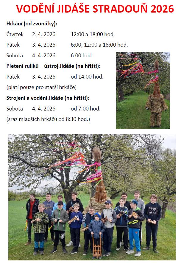 Ve dnech od 2. do 4. dubna 2026 proběhnou v naší obci akce spojené s hrkáním a pletením rulíků. Hrkání začne ve čtvrtek 2. dubna v 12:00 a 18:00 hodin, přičemž v pátek 3. dubna se hrká od 6:00, 12:00 a 18:00 hodin. V pátek od 14:00 hodin je na programu pletení rulíků na hřišti, které je určeno pro s