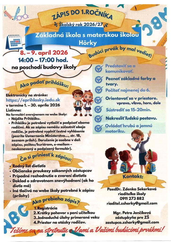 8.04.2026 - 9.04.2026 od 14.00 do 17.00 hod na poschodí budovy školy