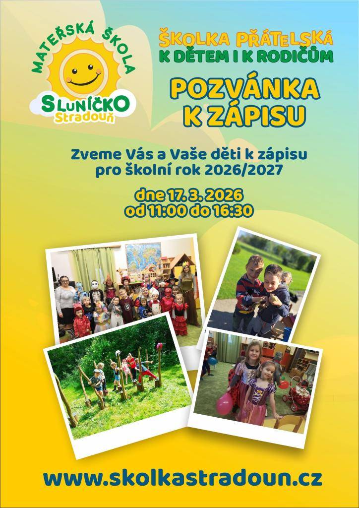 Zveme vás a vaše blízké k zápisu do mateřské školy pro školní rok 2026/2027. Zájemci mohou získat podrobnosti a potřebné informace na našich oficiálních webových stránkách.