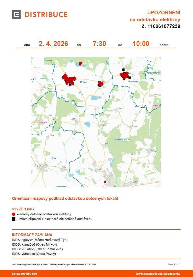 Přerušení dodávky elektřiny v Semněvicích- 02.04.2026 od 7:30 do 10:00 hodi