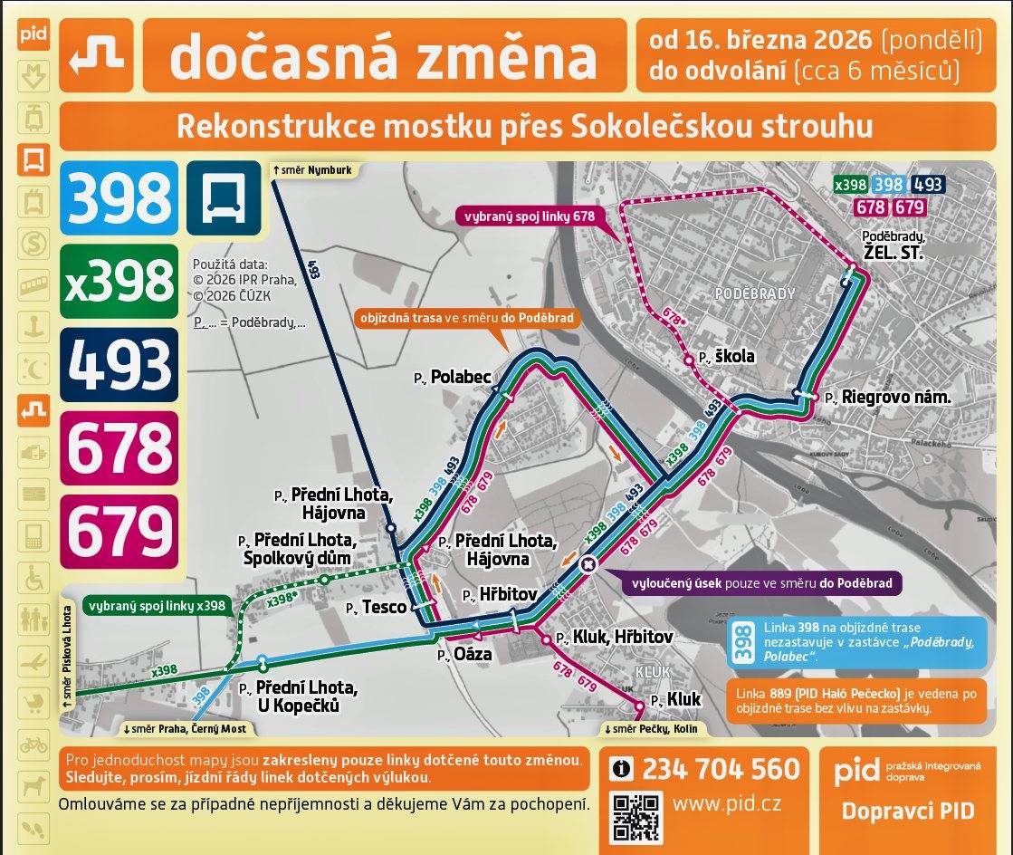 Od pondělí 16. 3. 2026 dochází k zahájení:   částečné uzavírky komunikace II/611 v Poděbradech mající vliv na provoz linek PID 398