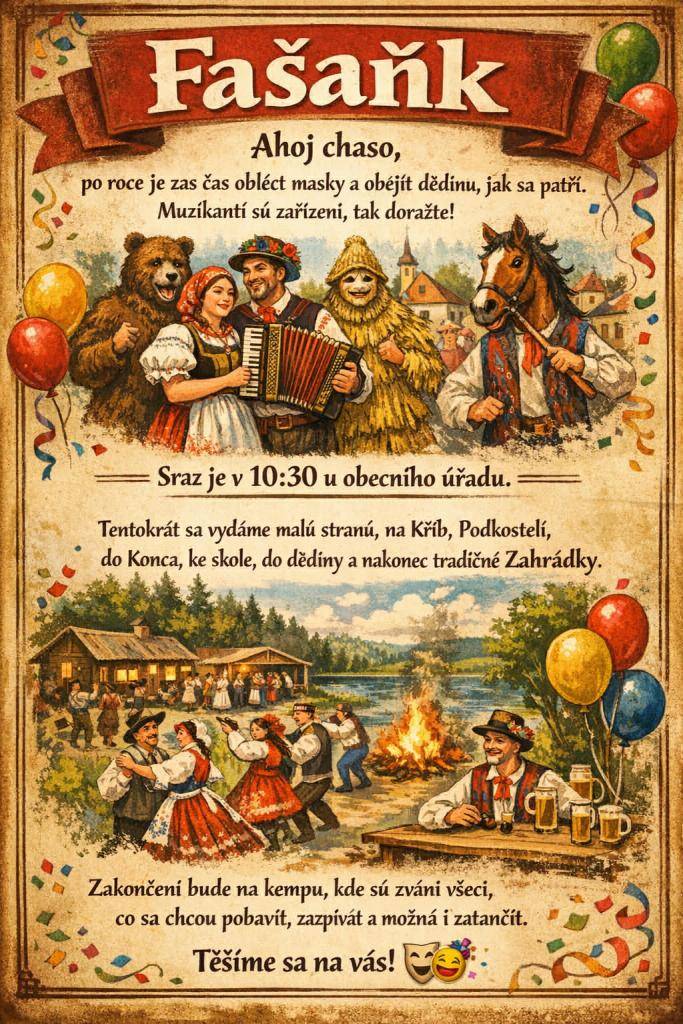 Sraz masek 10:30 u OÚ  nová trasa: Malá strana, Kříb, Podkostelí, Konec, škola, Dědina, Zahrádky  zakončení na kempu