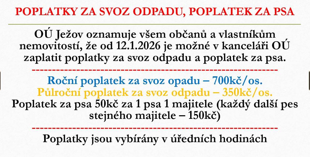 Roční poplatek za svoz opadu – 700kč/os.  Půlroční poplatek za svoz odpadu – 350kč/os.  Poplatek za psa 50kč za 1 psa 1 majitele (každý další pes stejného majitele – 150kč)