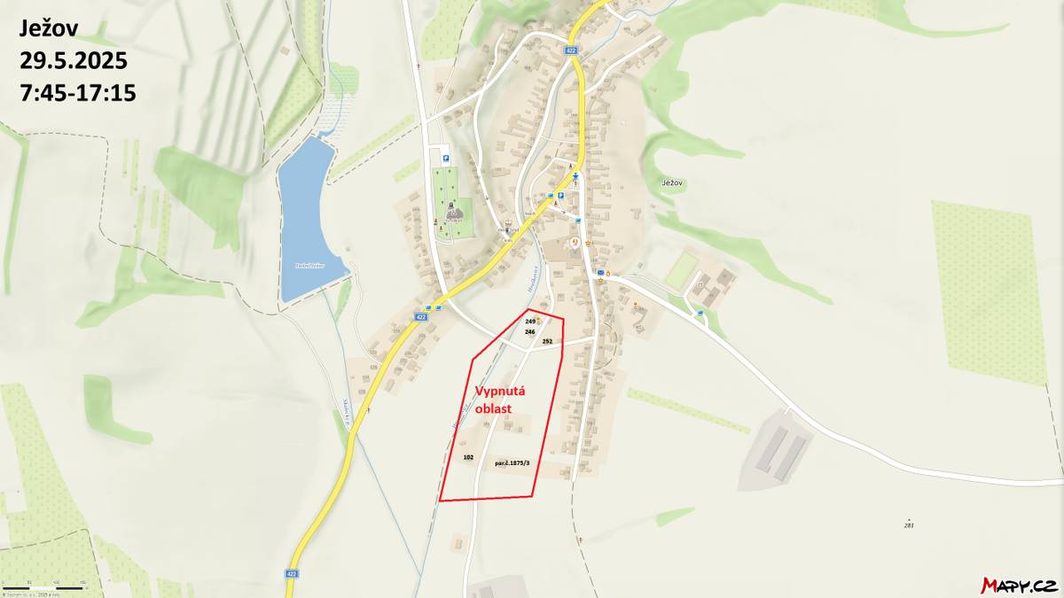 Obecní úřad oznamuje, že dne 29.05. 2025 dojde k přerušení dodávky elektrické energie, a to od 7:45 do 17:15  Vypnutá oblast bude ulice spodní cesta do Žádovic od domu 102 a parc. 1875 směrem ke křižovatce u bytovek a domy čp. 249, 246 a 252