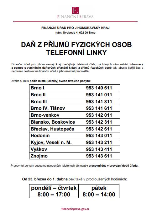 Sdělujeme Vám informaci o zveřejnění telefonních linek pro zodpovídání dotazů z oblasti daně z příjmů. Současně informujeme o výjezdech do obcí, v rámci kterých pracovníci FÚ zodpoví občanům jejich dotazy a současně jim pomohou přiznání též na místě samém dovyplnit.