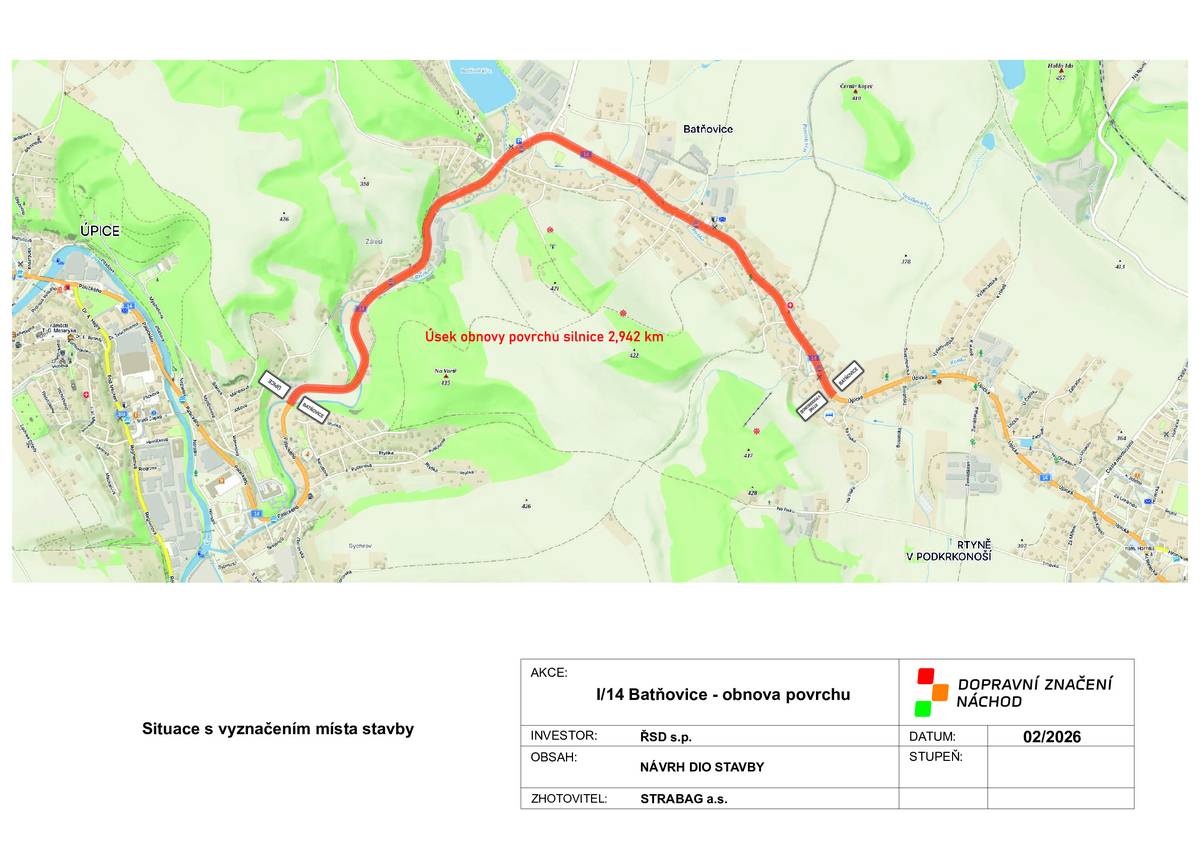V termínu 7. 4. 2026 – 14. 6. 2026 proběhne obnova povrchu silnice I/14 v katastru obce Batňovice v celkové délce 2,942 km. Základní informace o stavbě:  Stavba bude rozdělena na 12 pracovních úseků Jednotlivé úseky mají délku přibližně 500 m Práce budou probíhat po polovině šířky vozovky  Dopravní omezení   stavební práce budou většinou probíhat ve dvou úsecích současně výjimkou jsou úseky 1 a 6, kde budou práce prováděny samostatně doprava bude v místě prací řízena kyvadlově mobilní světelnou signalizací pokud se v pracovním úseku nachází autobusová zastávka, bude dočasně přesunuta mimo tento úsek  Pro více informací sledujte webové stránky obce Batňovice