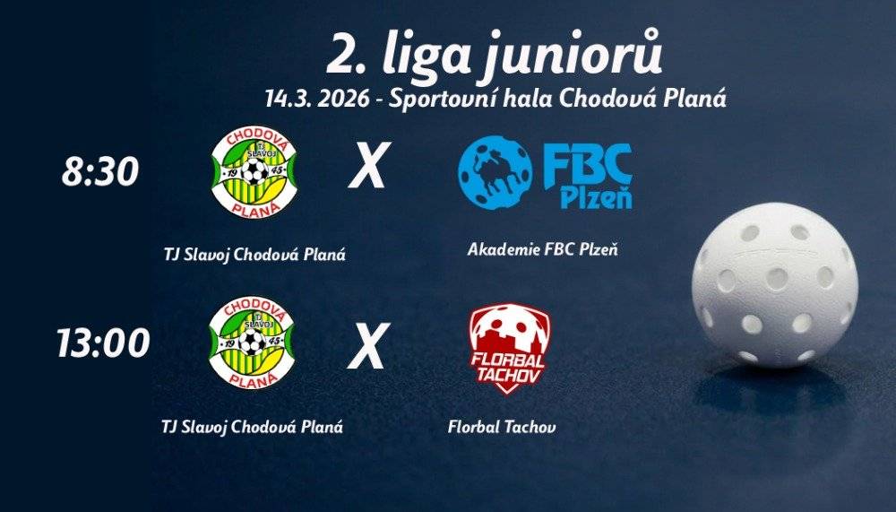 TJ Slavoj Chodová Planá zve na jediná domácí utkání 2. florbalové ligy juniorů.