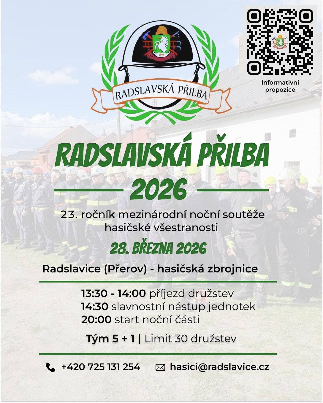 Zveme všechny fanoušky na 23. ročník mezinárodní noční soutěže hasičské všestrannosti, která se uskuteční již v sobotu 28. března 2026. Hlavní program pro diváky graduje v odpoledních hodinách. Přijďte povzbudit závodníky a užít si skvělou atmosféru! Na co se můžete těšit?   14:30 – Slavnostní nástup jednotek.   Odpolední štafety – Napínavé souboje, kde rozhoduje každá sekunda.   Tradiční bohaté občerstvení připravené pro všechny návštěvníky.   20:00 – Start noční části soutěže.   Přijďte se podívat na výkony elitních týmů a strávit příjemné odpoledne na prostranství za kostelem. Těšíme se na vás! SDH Radslavice