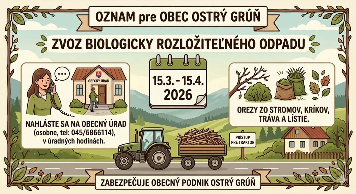 Vážení občania,    od 15. 3. 2026 do 15. 4. 2026 budú zamestnanci Obecného podniku vykonávať vývoz biologicky rozložiteľného odpadu z orezávania stromov a kríkov, ako aj trávy a lístia.
