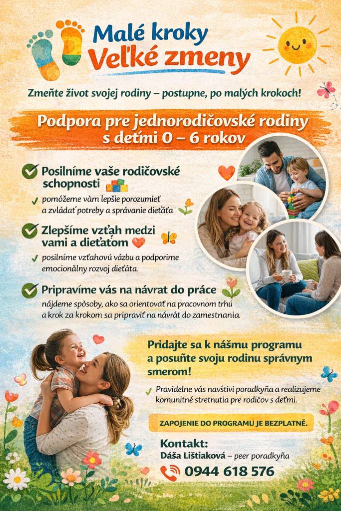 Dve pozvánky na otvorené komunitné stretnutia a jedna pozvánka do programu „Malé kroky, veľké zmeny“, ktorý je zameraný na malé praktické kroky k pozitívnym zmenám v živote a vzájomnú podporu v komunite.