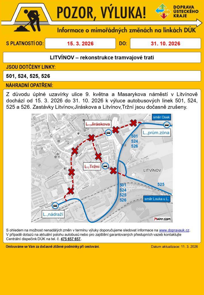 Od 15. 3. 2026 do 31. 10. 2026 dochází v Litvínově k významnému dopravnímu omezení v souvislosti s rekonstrukcí tramvajové trati a úplnou uzavírkou ulice 9. května a Masarykova náměstí.