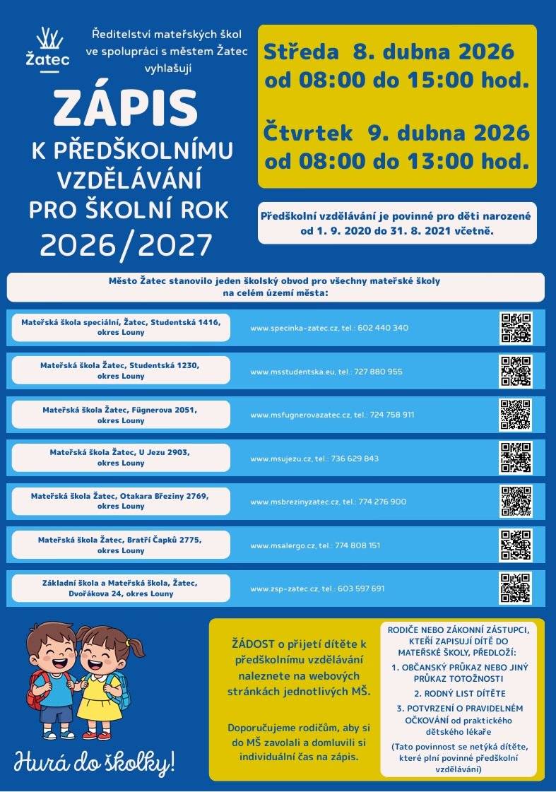 Město Žatec vyhlašuje zápis do mateřských škol pro školní rok 2026/2027. Zápis proběhne ve středu 8. dubna od 08:00 do 15:00 a ve čtvrtek 9. dubna od 08:00 do 13:00.     Rodiče jsou při zápisu povinni předložit občanský průkaz, rodný list dítěte a potvrzení o očkování. Předškolní vzdělávání je povinné pro děti narozené od 1. září 2020 do 31. srpna 2021. Doporučujeme rodičům, aby si předem domluvili čas na zápis. (red)