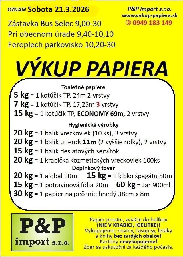 V sobotu 21. marca 2026 sa uskutoční výkup papiera na rôznych miestach v obci.