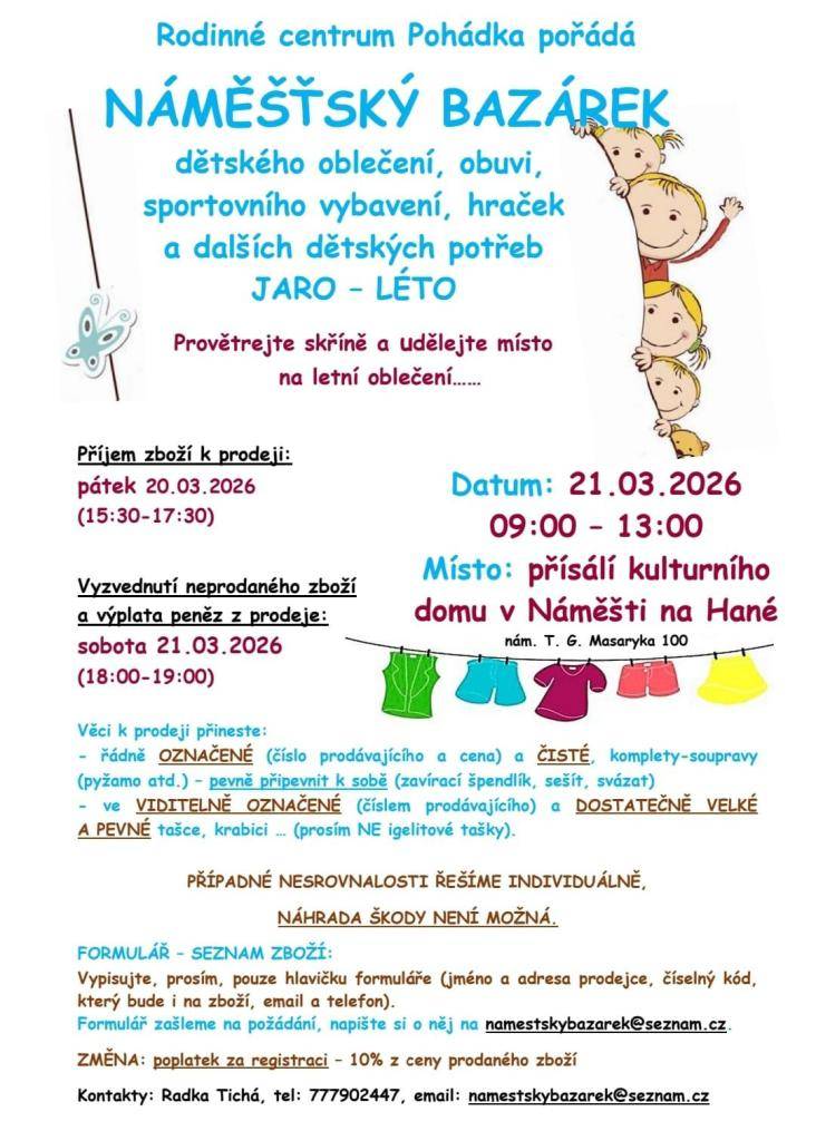 RC Pohádka pořádá dětský bazárek, který se koná ve dnech 20. a 21. března na sále kulturního zařízení. Přijďte si vybrat z bohaté nabídky věcí pro děti.