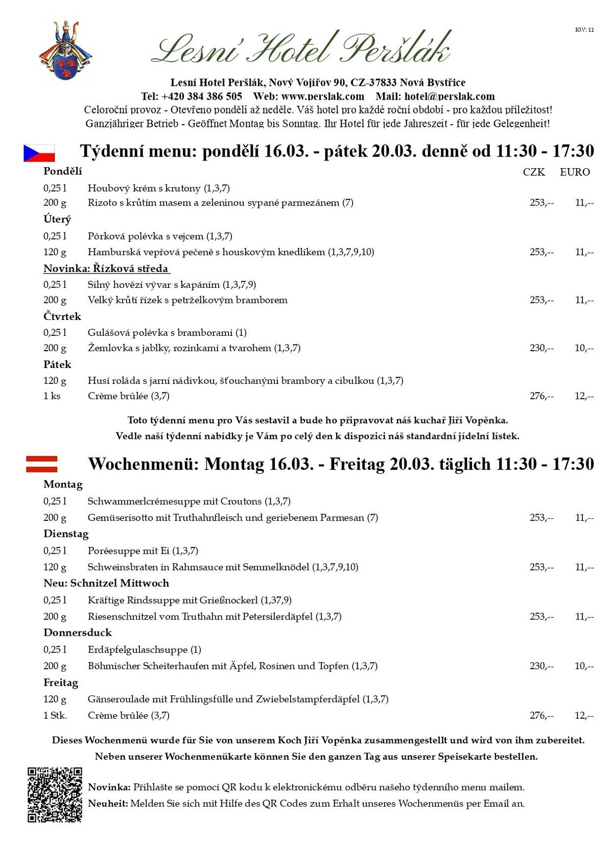Vážení hosté,  s naší novinkou "řízková středa" se nám objevila v naší týdenní nabídce ještě jedno pravidelné menu. Každý pátek sice není polévka, ale zato podáváme sladký dezert. Všimli jste si toho? Naši kuchaři nám tak zcela nenápadně a neplánovaně zavedli "sladký pátek", takovou pomyslnou cukrovou tečku na konci pracovního týdne. A příští týden si náš kuchař, pan Vopěnka, vymyslel hned dvojtečku, neboť už ve čtvrtek se můžete těšit na žemlovku s jablky, rozinkami a tvarohem. Přijeďte si k nám osladit život. V našem česko-rakouském pohraniční se vždy něco děje. Od Jindřichova Hradce, Novou Bystřici přes Litschau až do Heidenreichsteinu. My Vám poradíme kam vyrazit.  Naše volnočasové tipy najdete na našich webových stránkách zde: https://www.perslak.com/kalendar-akci.html Protože kapacita naší zahrádky i restaurace je omezená, prosíme Vás o včasnou rezervaci na telefonním čísle: 384 386 505. Pro školáky a studenty z Nové Bystřice a širokého okolí i letos, hlavně o víkendech, ale i o prázdninách, nabízíme možnost brigády v restauraci nebo hotelu formou DPP. Minimální hodinové ohodnocení je u nás na Peršláku 180,-- a stravování je během směny zdarma. Rádi v našem kolektivu přivítáme spolehlivé a angažované lidi, které baví gastronomie a práce s lidmi. Již nestudujete, ale rádi byste si při Vaší současné práci přivydělali prací v gastronomií? Taky nás neváhejte kontaktovat, rádi Vás poznáme. PS: Naše restaurace je pro Vás otevřená 7 dní v týdnu, vždy od 11:30. Samozřejmě si můžete po celý den objednat z našeho stálého jídelního lístku.   Těšíme se na Vaši návštěvu. S pozdravem a úctou, Marcus O. Hauser