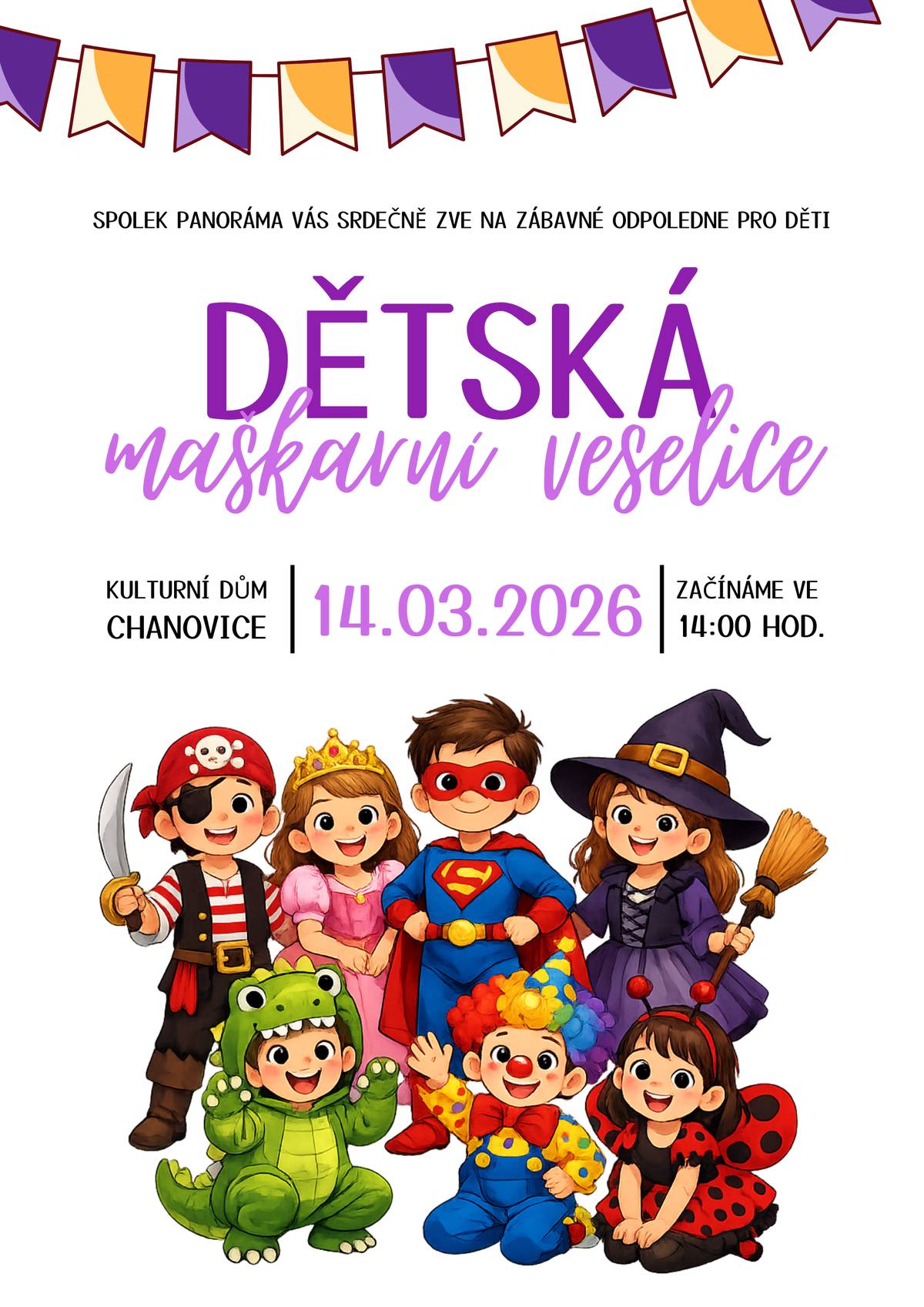 Dobrý den, všechny srdečně zveme na zítřejší Dětskou maškarní veselici. Ta se koná od 14:00 hodin v Kulturním domě v Chanovicích. S přáním pěkného víkendu, Vaše Obec Chanovice. Ondřej Klásek