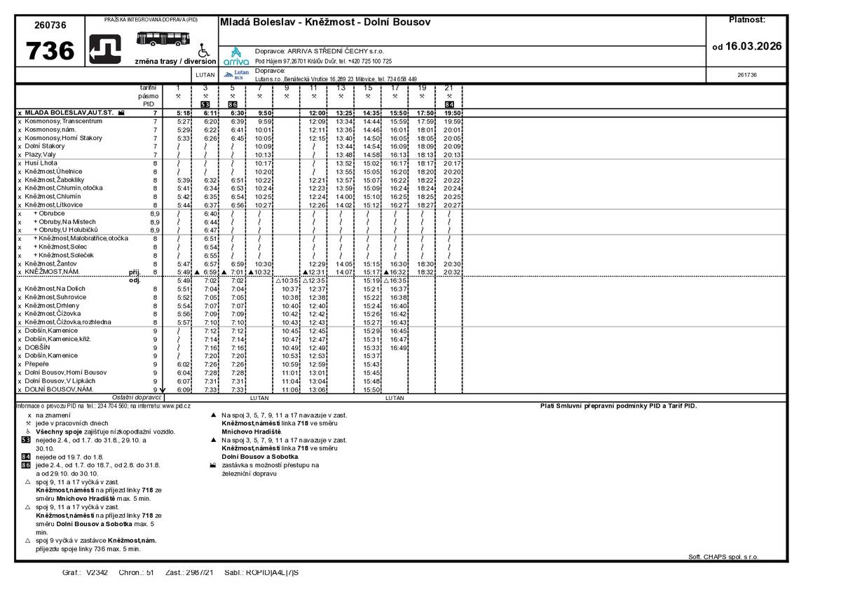 dovolujeme si Vás upozornit, že od pondělí 16. března do neděle 26. dubna 2026 bude dočasně změněn jízdní řád linky 736 z důvodu opravy komunikace v úseku Dobšín – Přepeře.  Linka bude z Dobšína odkloněna zpět přes Kamenici a Malobratřice, zastávka Přepeře, odb. Střehom nebude obsluhována. Díky odklonu se prodlouží jízdní doba spojů, proto byly upraveny i jejich časové polohy.  V příloze zasíláme informační vývěsku a výlukový jízdní řád linky. Děkujeme předem za předání informace občanům.   S pozdravem   L. Fridrichová