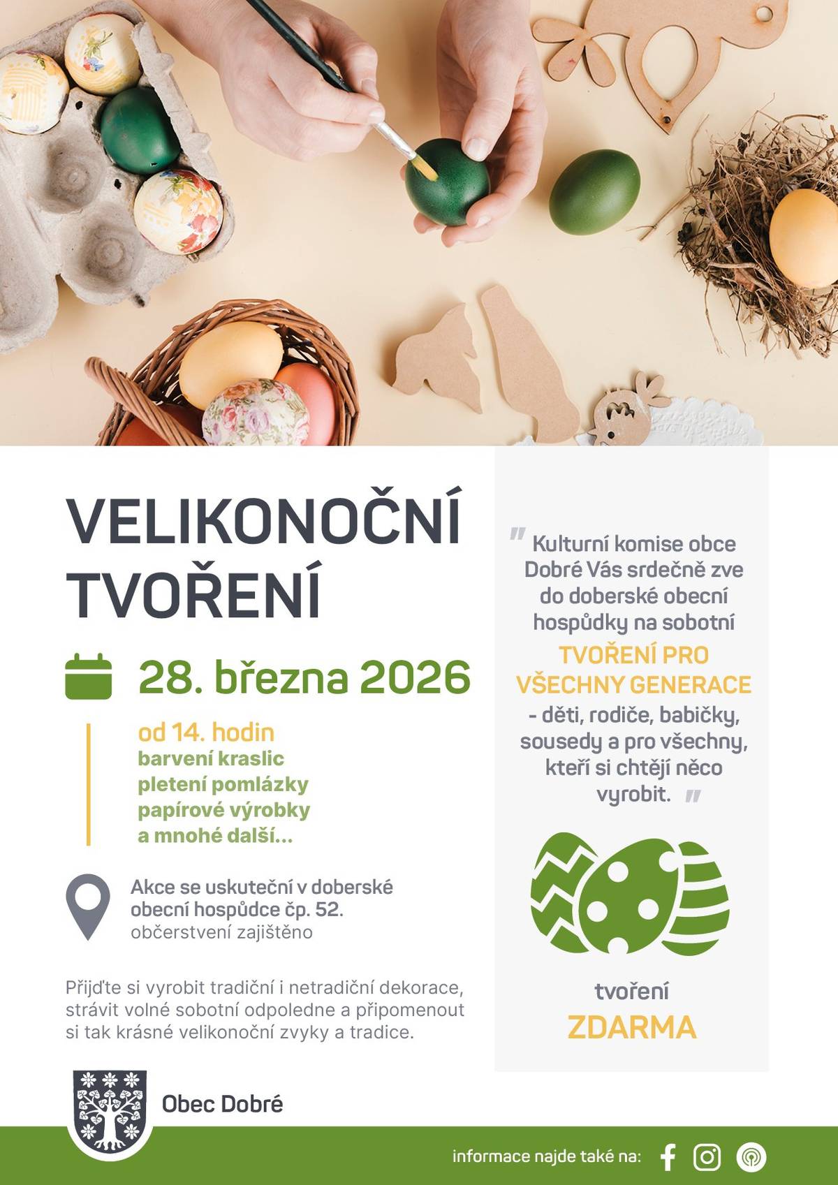 v sobotu 28.3.2026 od 14:00 v hospůdce v Dobrém. Těsíme se na Vás!