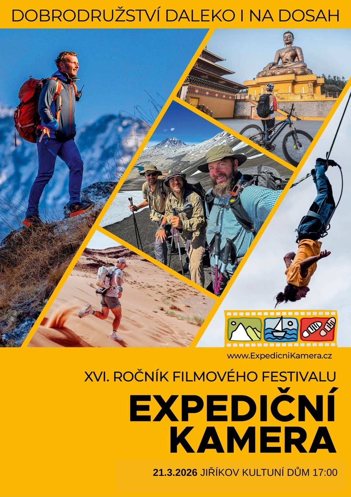 Potřetí za sebou v Jiříkově pořádáme filmovou přehlídku cestovatelských a sportovních krátkých filmů pod názvem Expediční kamera.   Opět se můžete přijít v sobotu 21. března od 17:00 hod. do Kulturního domu v Jiříkově podívat na ty nejlepší dobrodružné dokumenty.   Letošní výběr filmů spojuje putování krajinami, kde končí silnice a začíná opravdová zkušenost. Fotografická výprava do nepálského Langtangu, půlroční pěší cesta patagonskou divočinou, balancování nad propastí na slackline, ticho bhútánských stezek, běh na milovanou horu i vytrvalost v rozpálené poušti – každý z filmů ukazuje jiný způsob, jak hledat hranice a proč má smysl je zkoumat.   Jako vždycky si můžete dát jediný krátký film či zhlédnout naopak všech osm.   Občerstvení zajištěno (vyhlášené jiříkovské sladké i slané dobroty nebudou chybět), vstupné lidových 50 Kč.   Těšíme se na Vás!