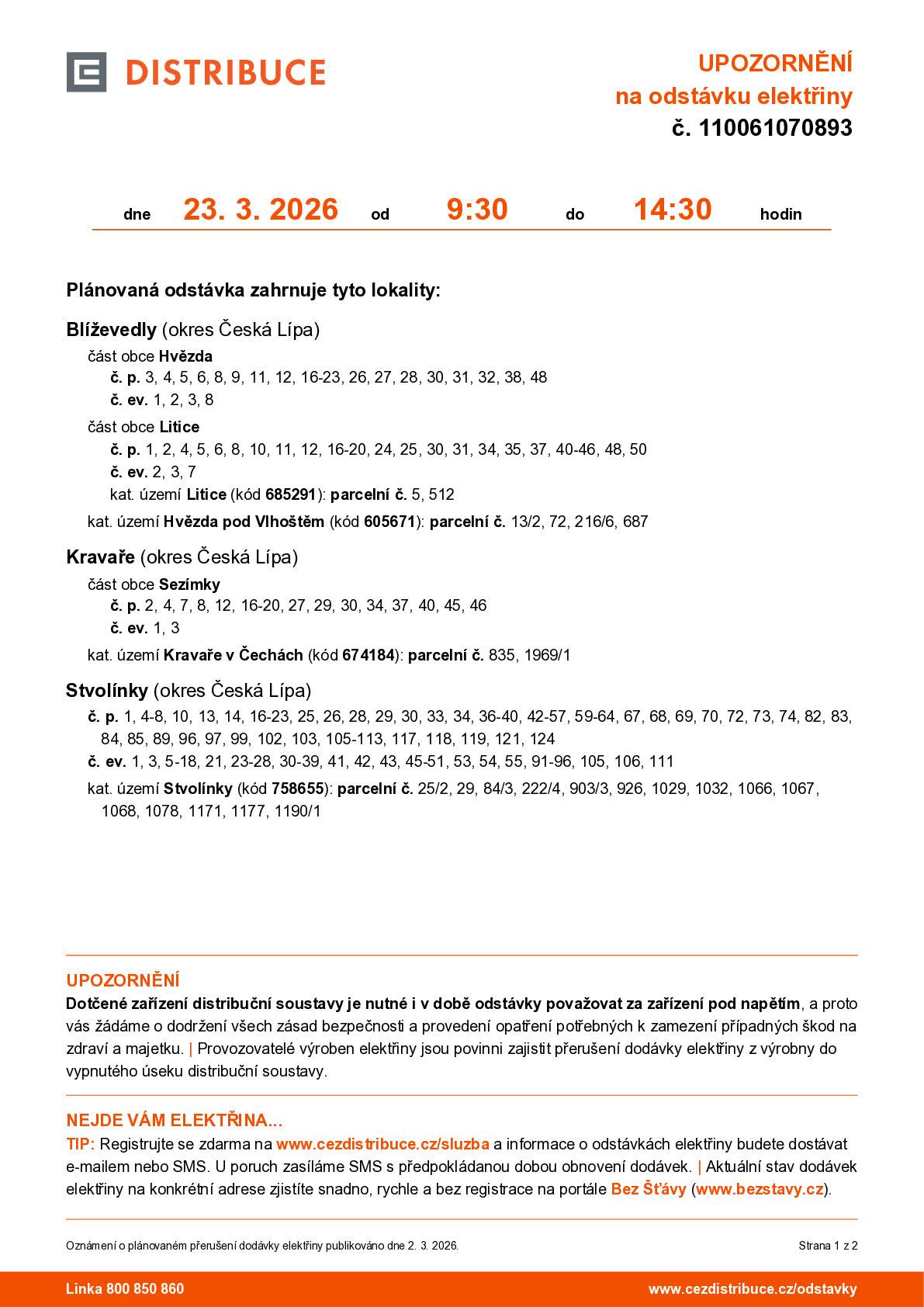 Informace ČEZ - odstávka elektřiny dne 23.3.2026 v čase od 9.30 do 14.30h v lokalitě Sezímky.