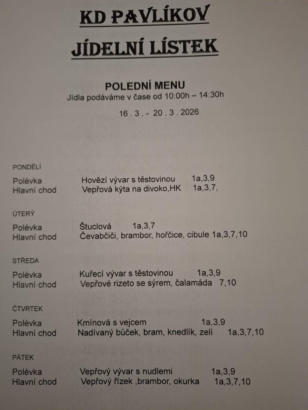 Jídelní lístek KD Pavlíkov od 16.3. do 20.3.2026