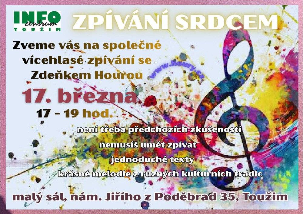 Dne 17.3.2026 se od 17 hod. koná v Infocentru společné vícehlasné zpívání se Zdeňkem Hourou.