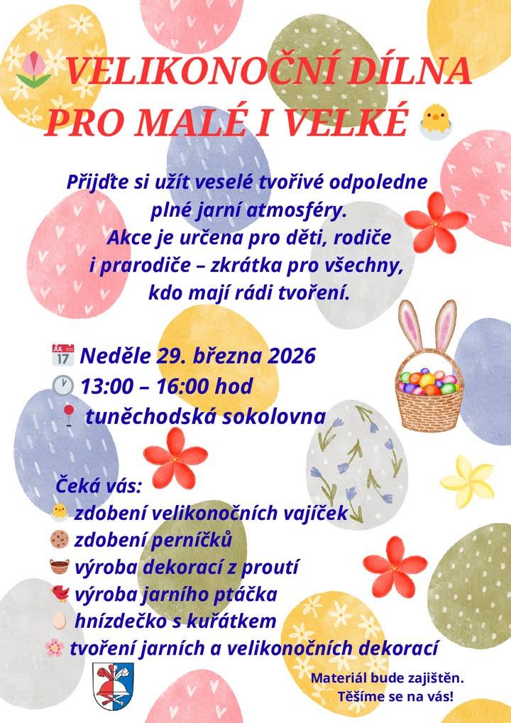 Přijďte si užít veselé tvořivé odpoledne plné jarní atmosféry. Akce je určena pro děti, rodiče i prarodiče, zkrátka pro všechny, kdo mají rádi tvoření. Čeká Vás zdobení velikonočních vajíček, zdobení perníčků, výroba dekorací a další aktivity.