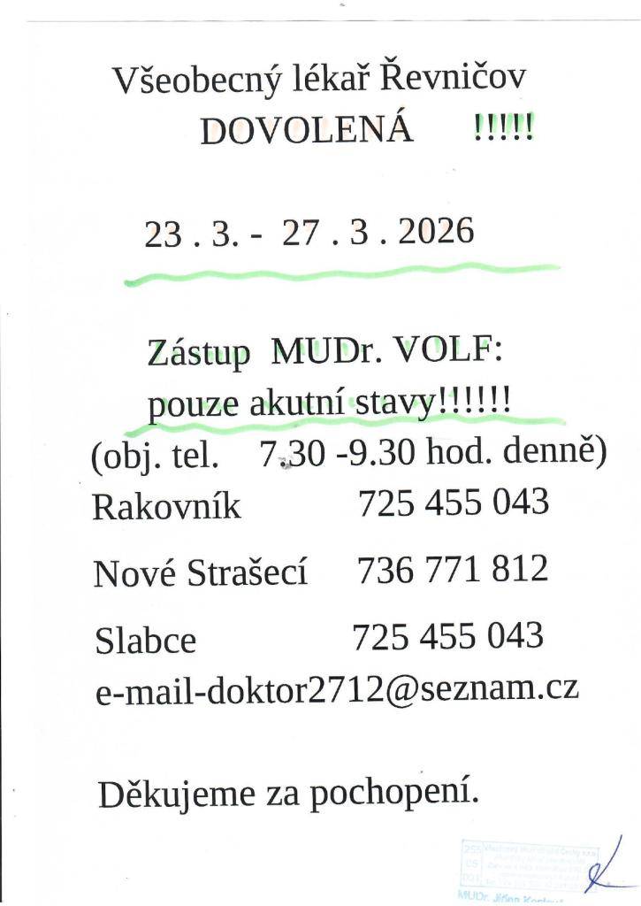 Dovolená praktického lékaře 22.3. - 27.3.2026