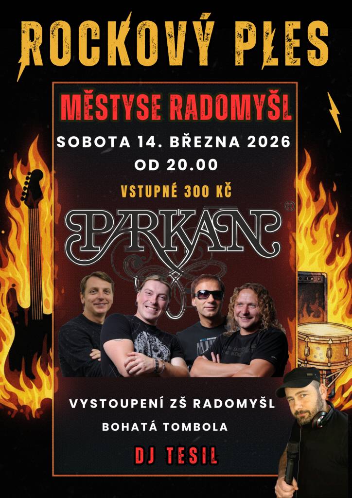 Městys Radomyšl Vás zve na Rockový ples, který se koná 14.3.2026 od 20:00. Vstupné 300 Kč.