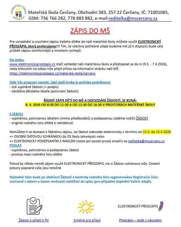 Dne 8. 4. 2026 proběhne zápis do MŠ Čerčany. Více podrobností v přiloženém letáku nebo na webu MŠ: https://www.mscercany.cz/