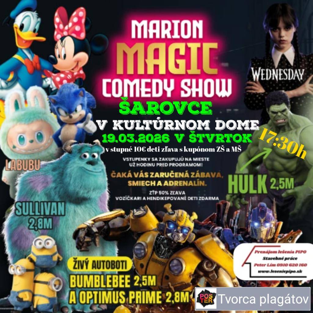 Marion Magic comedy show v Šarovciach  Dom kultúry 19.03.2026 od 17:30 hod.
