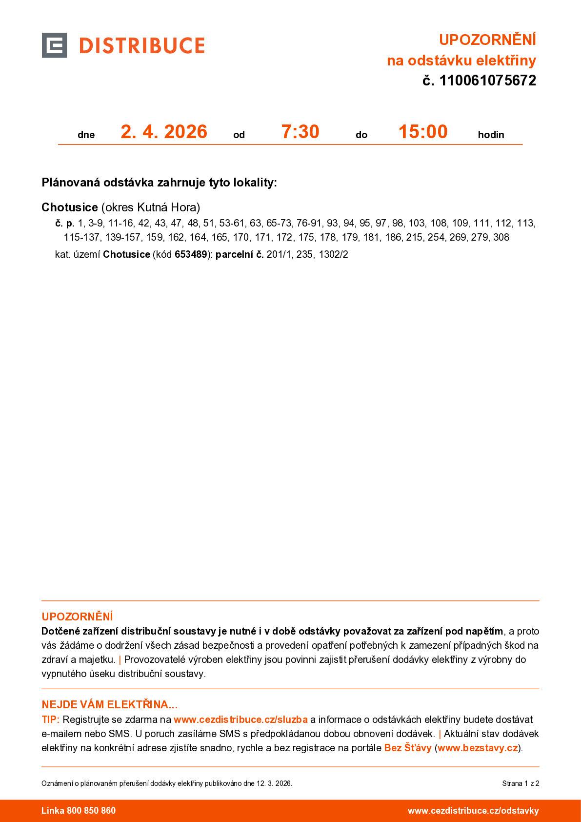 Dne 2.4.2026 od 7:30 - 15:00hod.