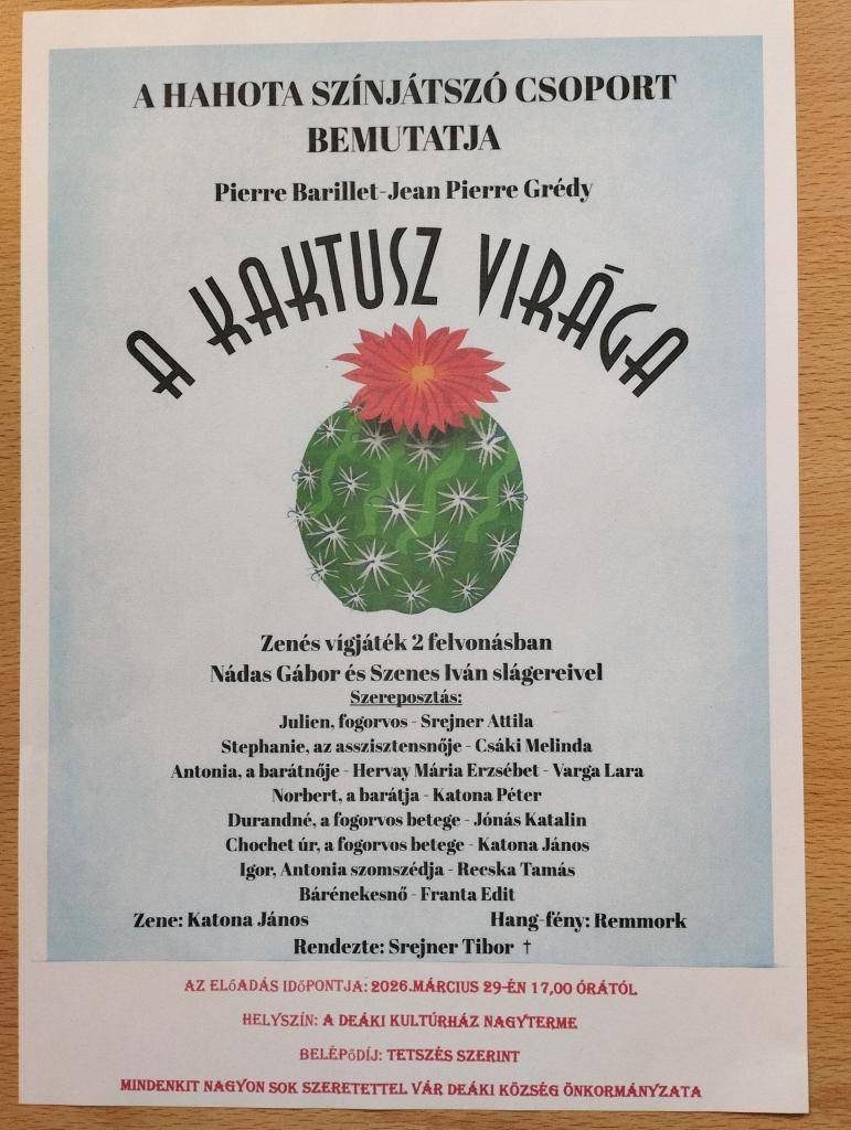 2026. 3. 29., kezdés 17.00  Deáki kultúrház nagyterme