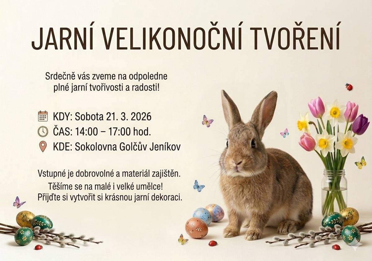 Přijďte si užít odpoledne plné jarní tvořivosti a radosti a vytvořit si krásnou jarní dekoraci. Tvoření proběhne v sobotu 21.3.2026 od 14 do 17 hodin v Sokolovně.