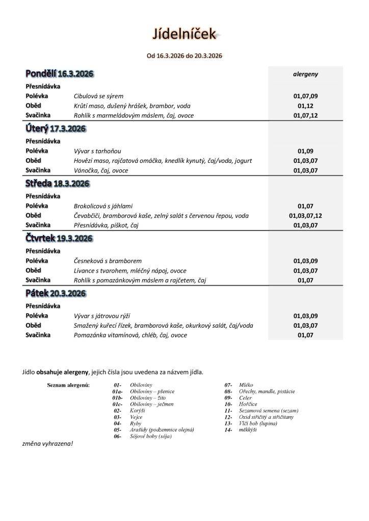 Jídelníček základní školy platný v týdnu od 16. do 20.3.2026