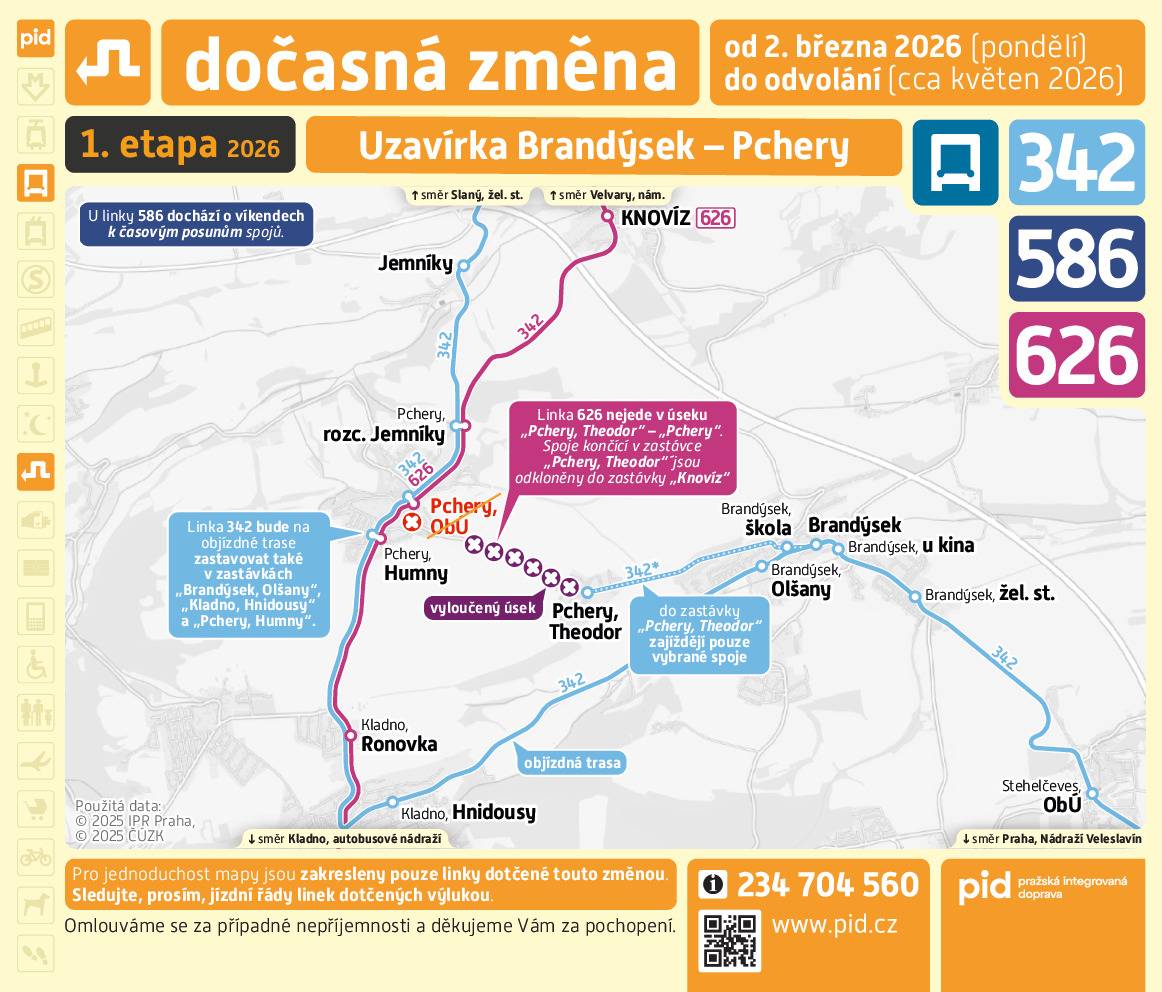 Uzavírka Brandýsek - Pchery  od 2. března 2026 do odvolání (cca květen 2026)  jízdní řád v příloze