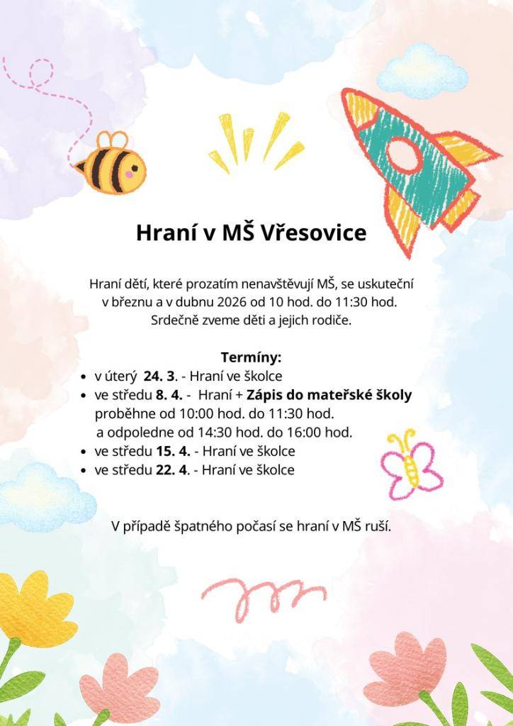 Srdečně zveme děti, které ještě nenavštěvují MŠ a jejich rodiče na hraní, které se uskuteční v březnu a dubnu 2026. Akce proběhnou v úterý 24. března, ve středu 8., 15. a 22. dubna od 10:00 do 11:30 hodin.