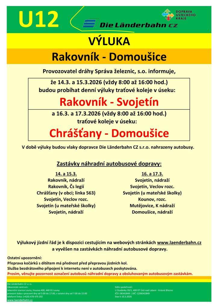 Od 14.3.2026 do 17.3.2026 bude na trati Domoušice - Rakovník z důvodů výluky náhradní autobusová doprava.