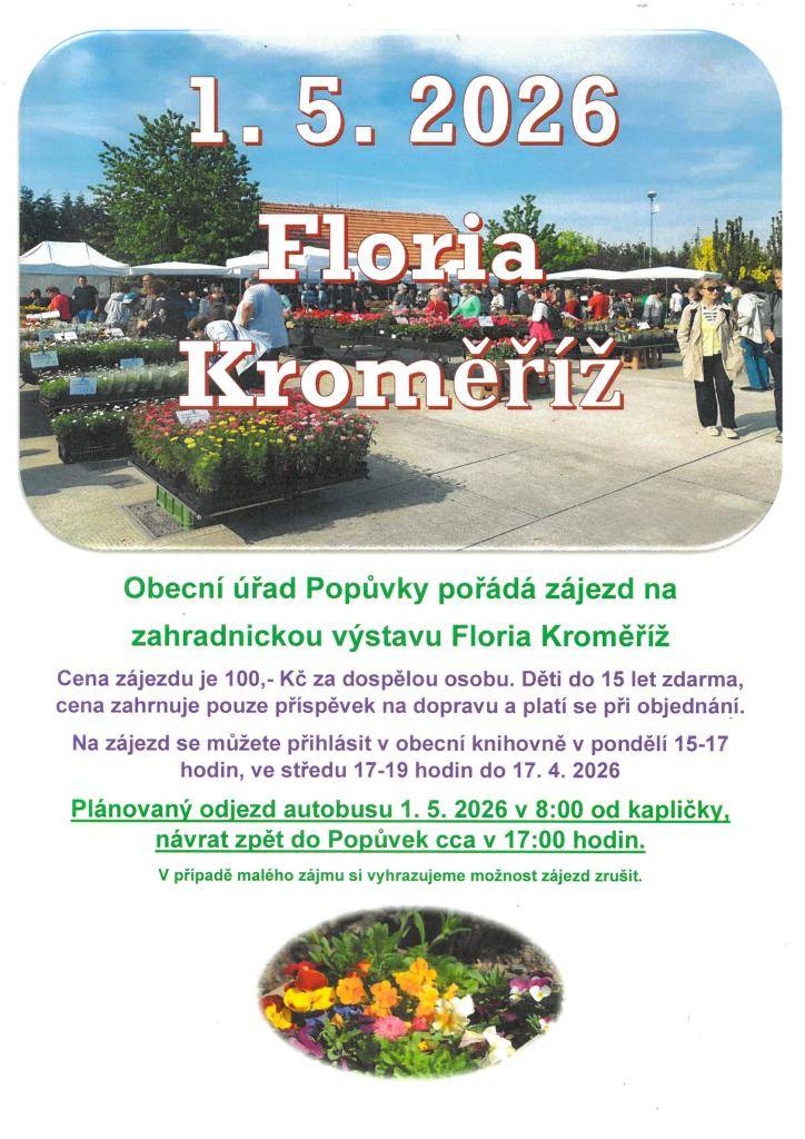 OÚ Popůvky pořádá zájezd na výstavu Floria Kroměříž - 1.5.2026