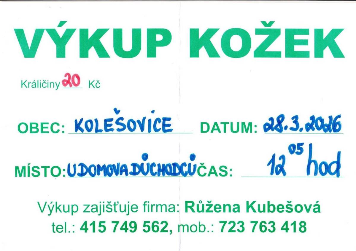Obec Kolesovice pořádá výkup kožek, který se koná 28. února 2026 u Domova důchodců. Akci zajišťuje firma Růžena Kubešová, která je k dispozici na telefonním čísle 415 749 562 a mobilním 723 763 418.