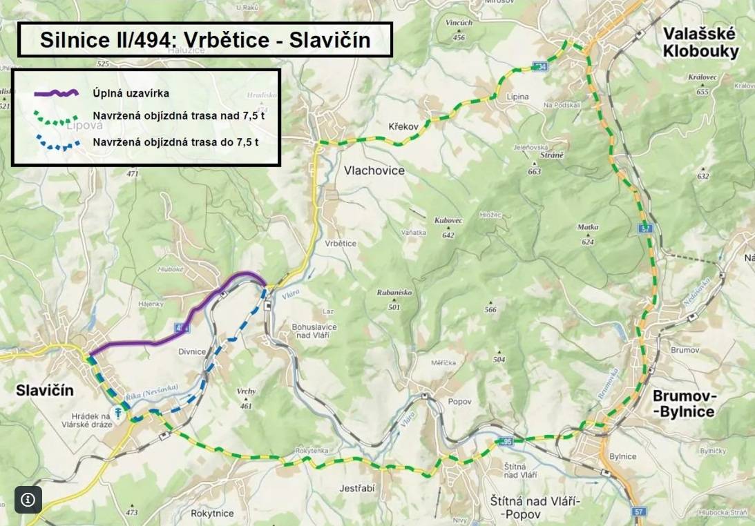Z důvodu pokračování rekonstrukce silnice II/494 mezi Vrběticemi a Slavičínem dochází k dopravnímu omezení v tomto úseku.