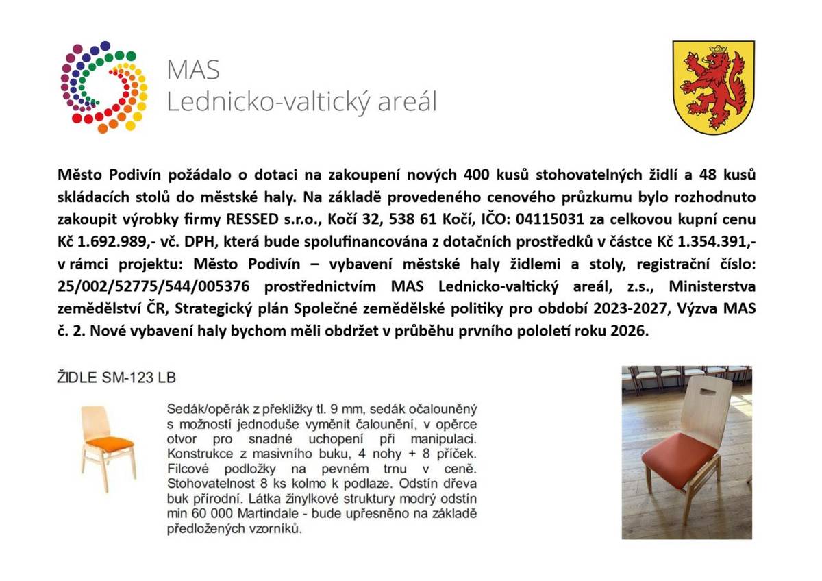 Město Podivín obdrželo dotaci na nové židle a stoly do městské haly.