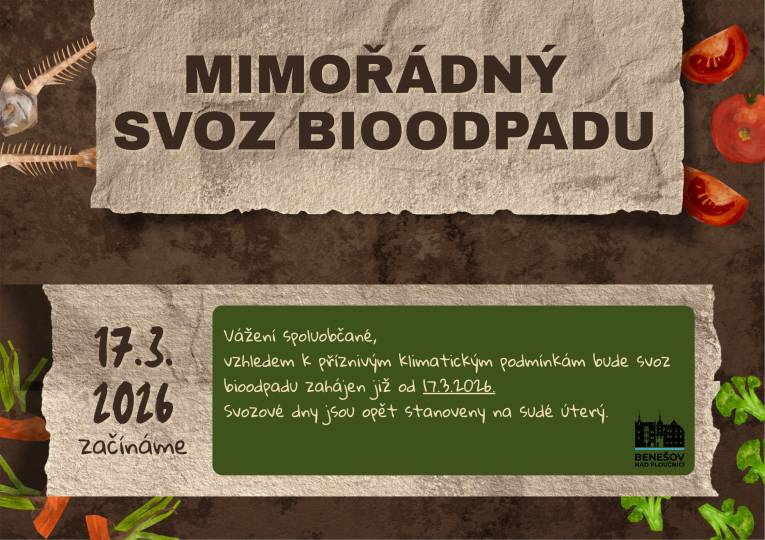 Začínáme již 17.3.2026.Vážení spoluobčané,vzhledem k příznivým klimatickým podmínkám bude svoz bioodpadu zahájen  již 17.3.2026.Svozové dny jsou opět stanoveny na sudé úterý.