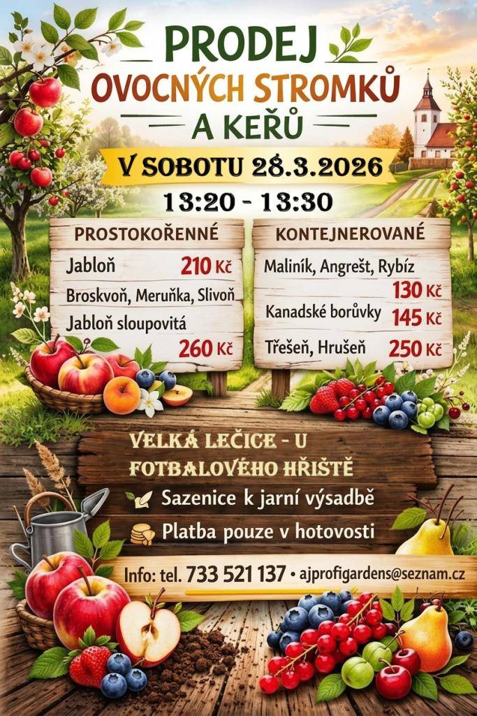 Dne 28. 3. 2026 proběhne u fotbalového hřiště v čase 13:20-13:30 prodej ovocných stromků a sazenic určených k jarní výsadbě. Na výběr jsou různé druhy, včetně maliníku, angreštu, rybízu, broskvoní a dalších. Ceny se pohybují od 130 Kč a platba je možná pouze v hotovosti.